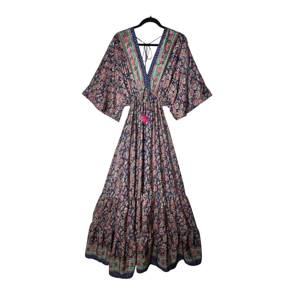 Zury Silk Blend Paisley Maxi Dress Boho Kimono Sleeve One Size Free Long Resort